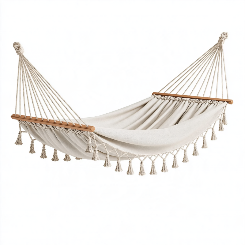 Hängematte 200 x 150 cm aus Textil in Creme mit Holzspreizstäben im Boho-Stil