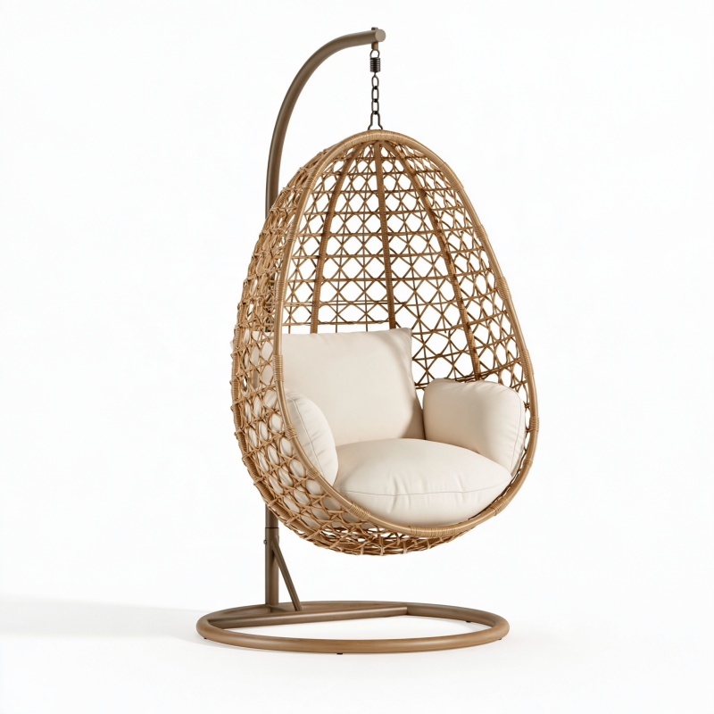Hängesessel 105 x 105 x 195 cm aus Rattan in Naturbraun mit Metallgestell für den Innenbereich
