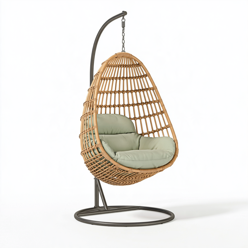 Hängesessel 105 x 105 x 195 cm aus Rattan in Naturgrün mit Stahlgestell