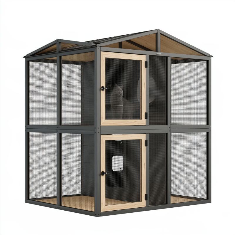 Katzengehege 180 x 90 x 180 cm Stahlgitter Schwarz/Naturholz für Innen und Außen mit zwei Türen
