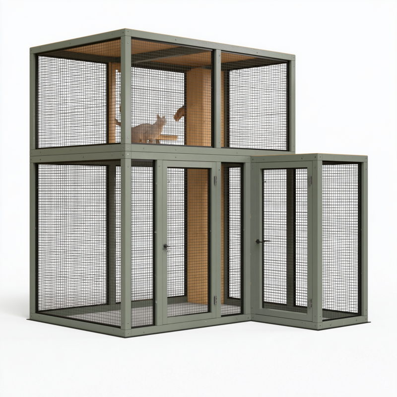 Katzengehege 220 x 100 x 200 cm Holz Metallgitter Grün für Außenbereich mehrstöckig
