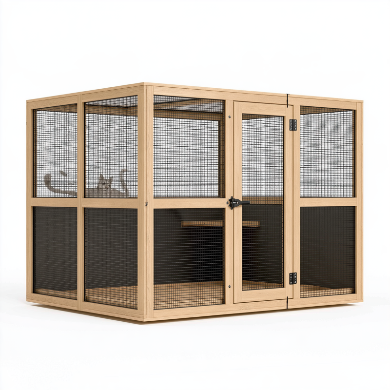 Katzengehege 180 x 90 x 120 cm Holz Metallgitter Natur - geräumiger Innenbereich mit Tür