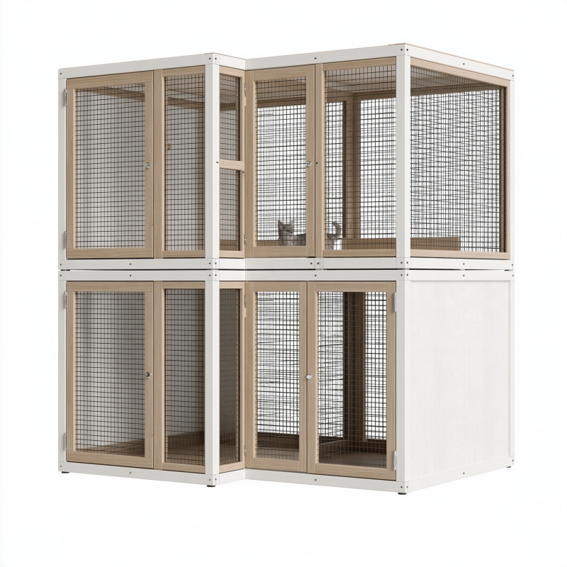 Katzengehege 180 x 90 x 180 cm aus Holzwerkstoff und Metallgitter in Weiß/Natur - zweistöckig mit Türen