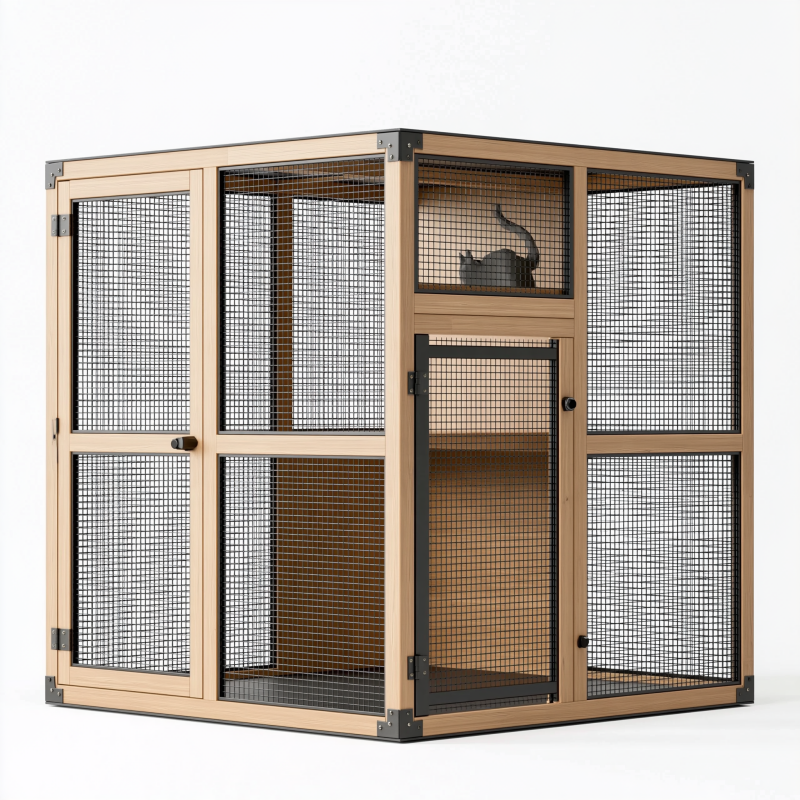 Katzengehege 120 x 60 x 120 cm Holz Natur Schwarz mit Metallgitter und Türen