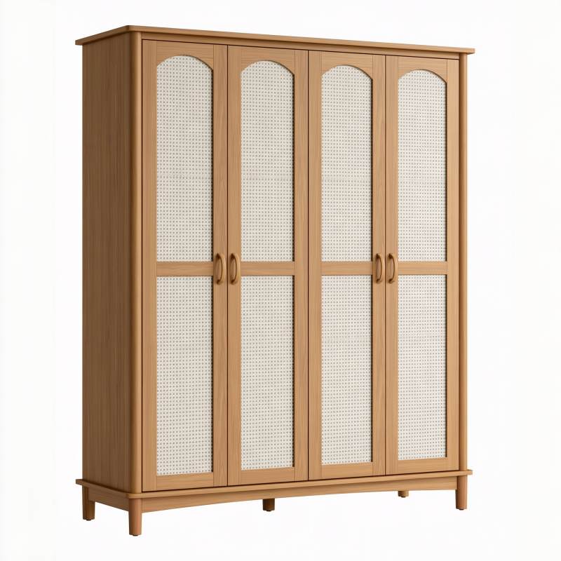 Kleiderschrank 160 x 55 x 200 cm Holz Naturbraun mit Rattangeflecht im Landhausstil