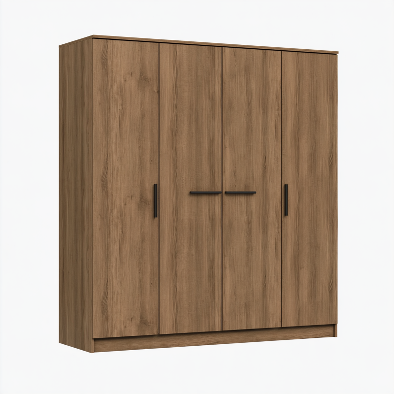 Kleiderschrank 160 x 60 x 200 cm Holzwerkstoff Eichebraun mit 4 Türen und schwarzen Griffen