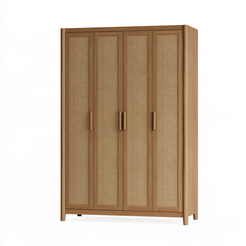 Kleiderschrank 120 x 55 x 200 cm Holz Natur mit Geflechttüren im Boho-Stil