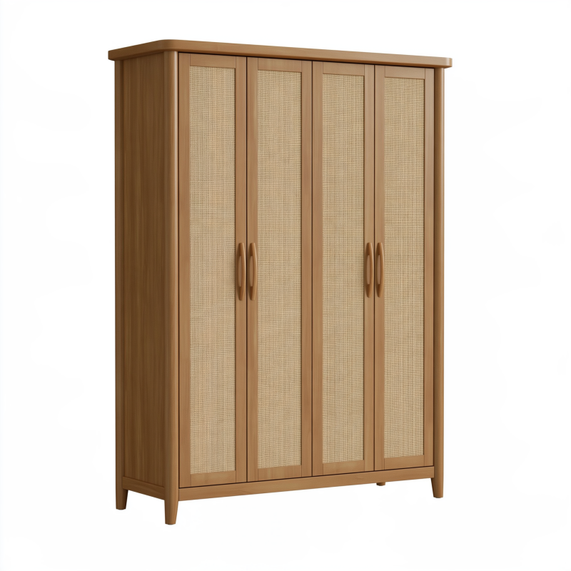 Kleiderschrank 160 x 55 x 200 cm Holzoptik Naturbraun mit Rattangeflecht im Retro-Stil