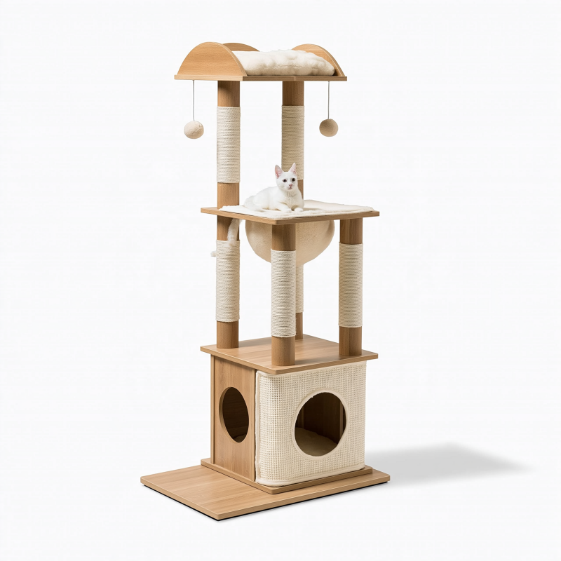 Kratzbaum 60 x 60 x 170 cm aus Holz und Sisal in Natur Beige mit Höhlen und Liegeflächen