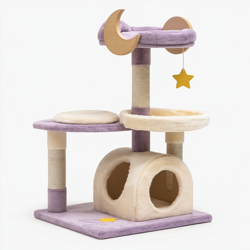 Katzenkratzbaum 60 x 45 x 120 cm aus Holz Sisal und Plüsch in Lila Creme mit Höhle Liegeflächen und Spielzeug