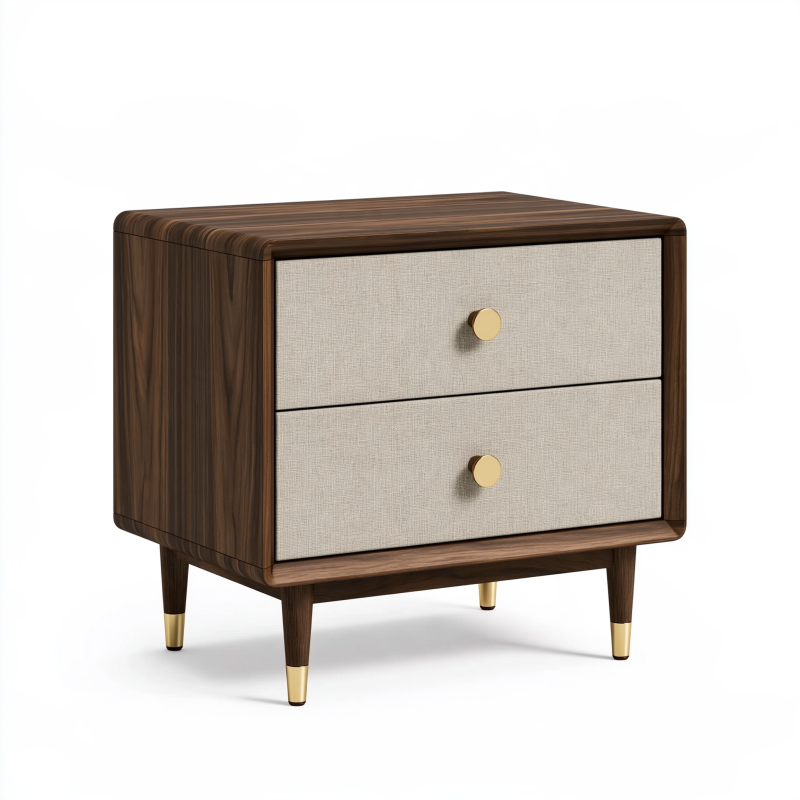 Nachttisch 60 x 40 x 60 cm in Walnussbraun und Beige mit 2 Schubladen im Mid-Century-Stil