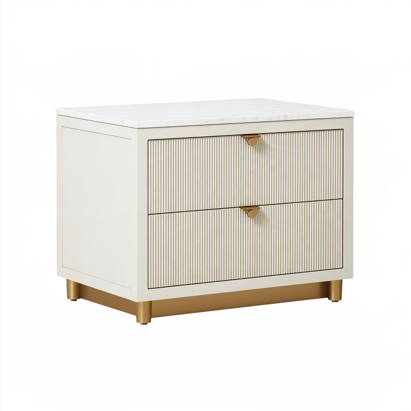 Nachttisch 60 x 45 x 55 cm Holzwerkstoff Weiß Gold mit 2 Schubladen geriffeltes Design